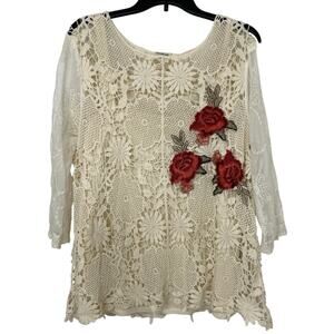 Cream Open Knit Crochet Floral Embroidered Sheer Sleeve Top 1X Boho Cottagecore